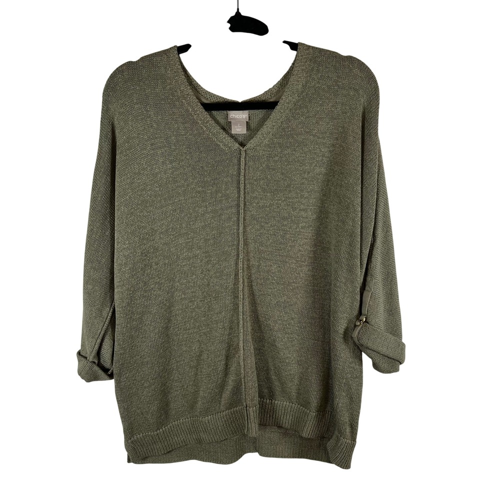 Chico's Women Olive Green V-Neck Roll Tab Sleeve Cotton Blend Sweater Size 2‎ L
